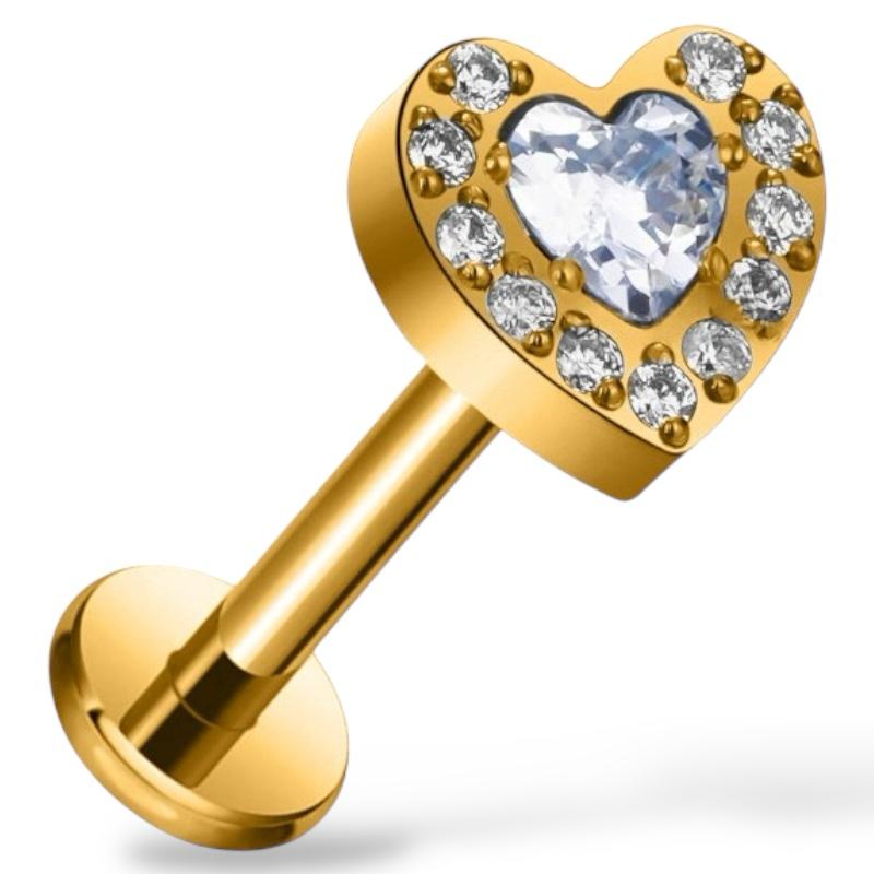 Labret-Ring aus Titan und Gold in Herzform mit Zirkonia