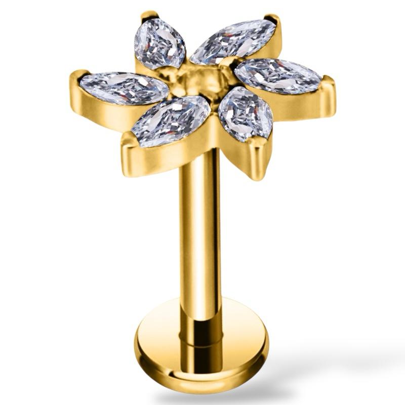 Labret aus Titangold mit Blumenmotiv und Zirkonia