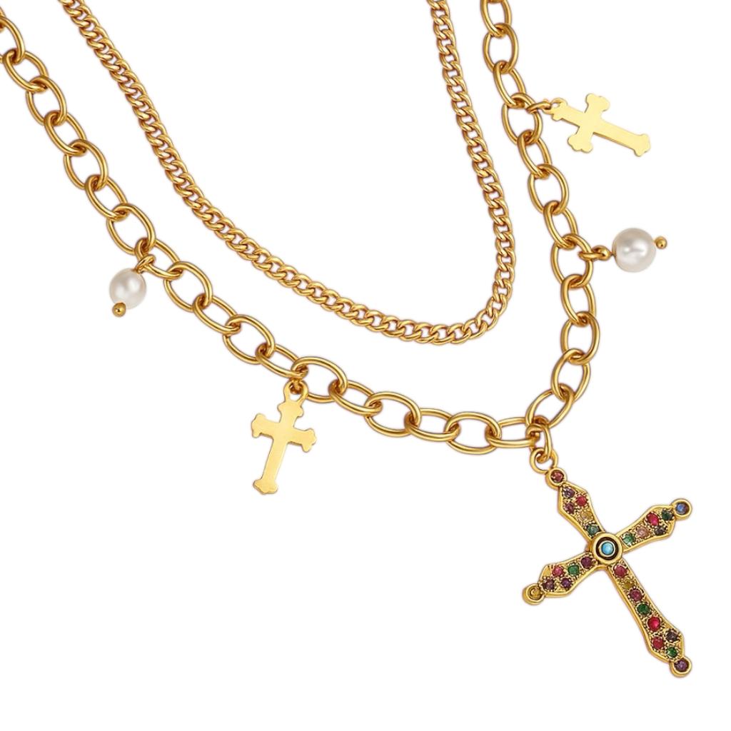 Doppelte Goldkette mit einem Kreuz, das mit bunten Steinen besetzt ist