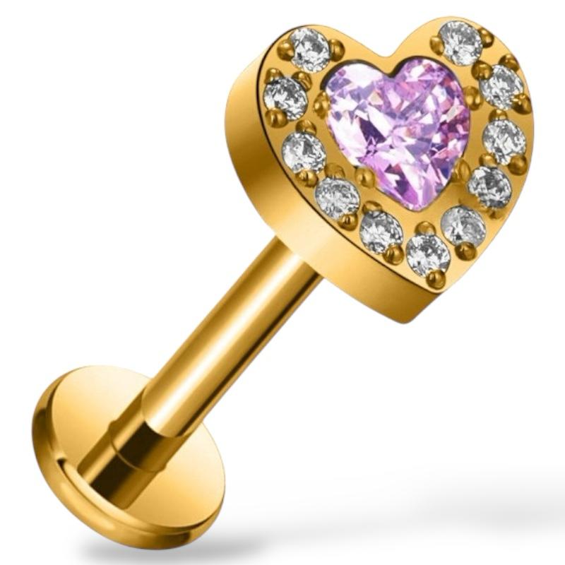 Labret-Ring aus Titan und Gold in Herzform mit Zirkonia
