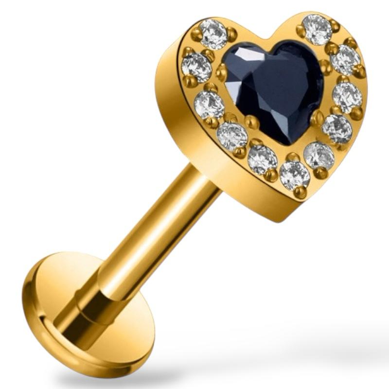 Labret-Ring aus Titan und Gold in Herzform mit Zirkonia
