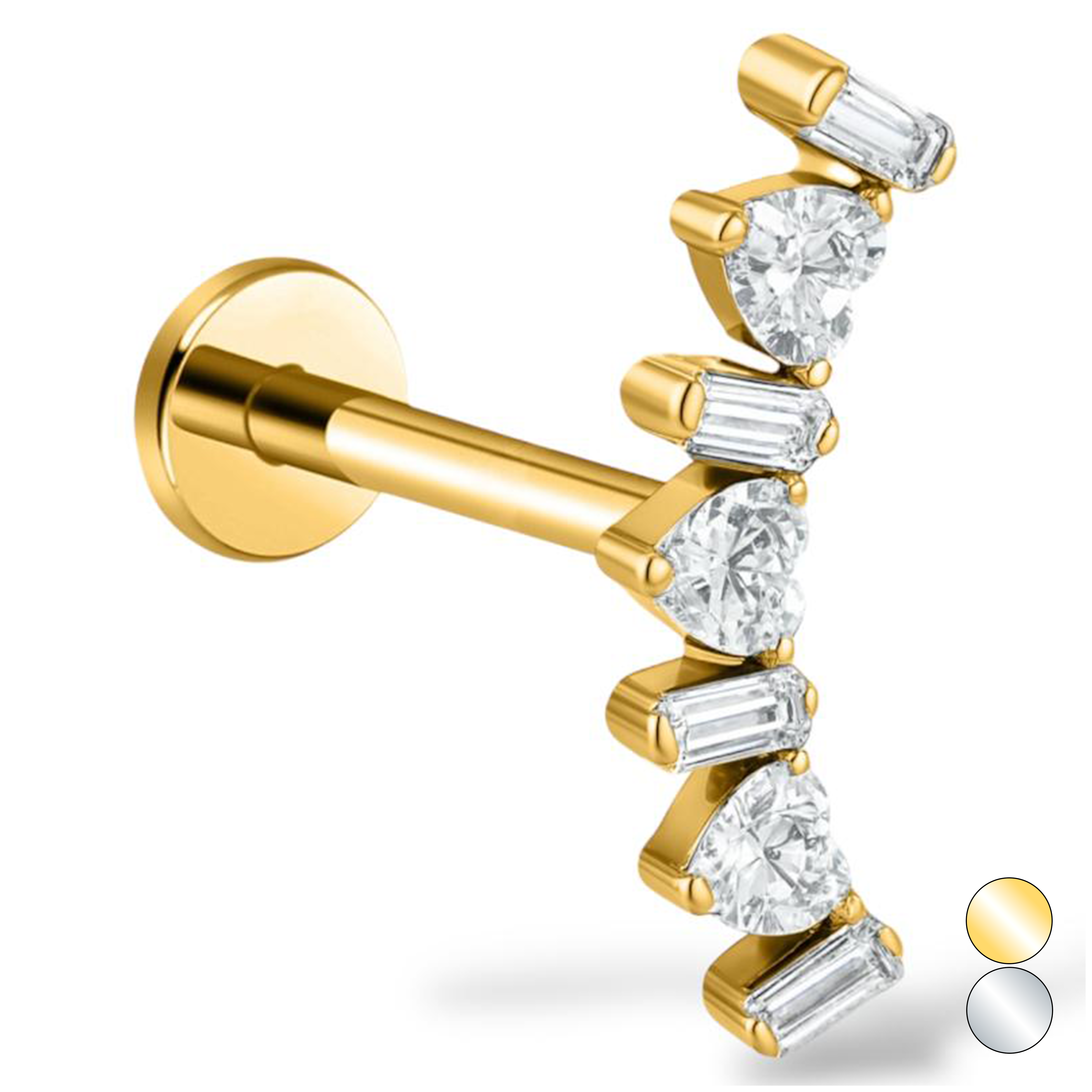 Labret-Ring aus Titan und Gold mit Herzen und länglichen Zirkonen