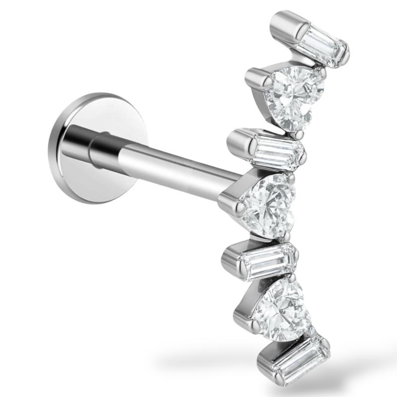 Labret-Ring aus Titan und Gold mit Herzen und länglichen Zirkonen