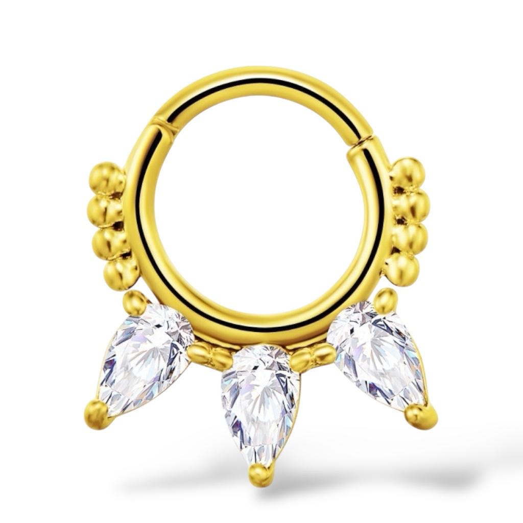 Stahl-Clicker in Gold mit tropfenförmigen Kugeln und Zirkonen