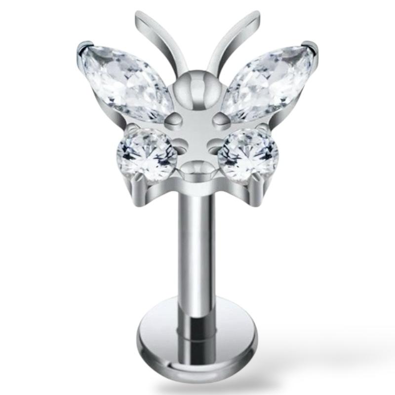 Labret-Ring aus Titansilber mit Schmetterlingsmotiv und weißen Zirkonen