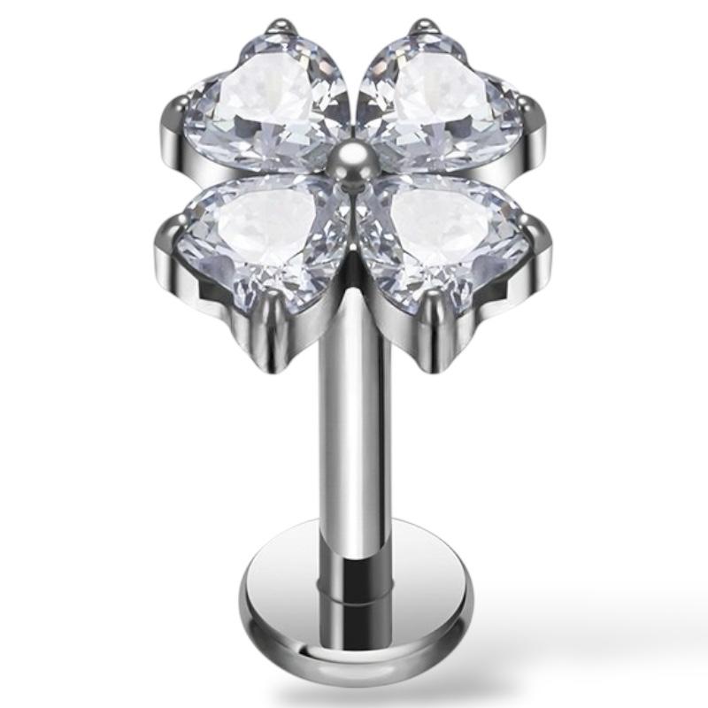 Labret-Anhänger aus Titan in Form eines vierblättrigen Kleeblatts mit Zirkonia